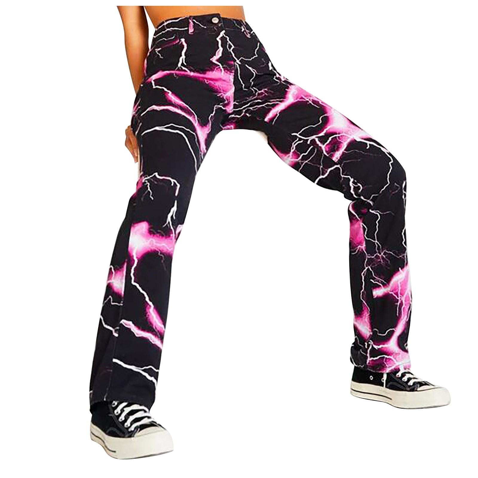Jolian (ZO)Damesmode, hoge taille, slanke, rechte straattrend, casual jeans met tie-dye print M zwart