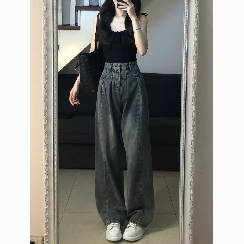 Hannah Martin Nieuwe mode gewassen oude wijde jeans dames Koreaanse versie hoge taille dun ontwerp gevoel rechte buis dweilen broek ins tij S blauw