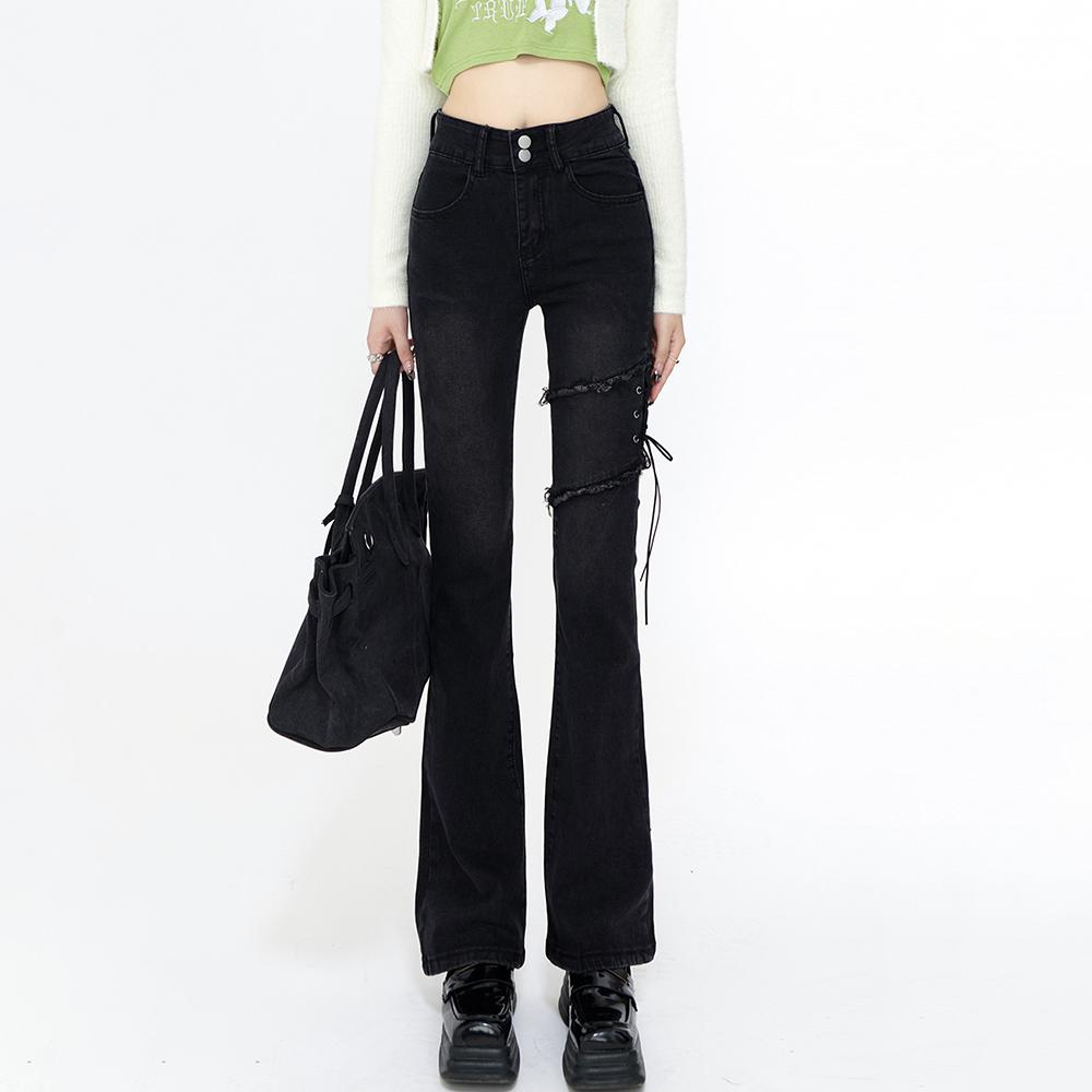 Zhanjie Ladies Clothing Lace Up Flare Jeans Vrouwen Zomer Zwart Vintage Hoge Taille Slanke Skinny Broek Denim Broek Streetwear Koreaanse Mode Y2K M zwart