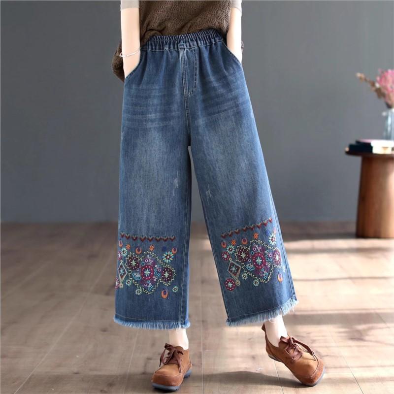 Johnature Dames Herfst Borduren Bloemen Denim Wijde Pijpen Broek Elastische Taille Blauwe Losse Broek Dames Enkellange Broek XL blauw