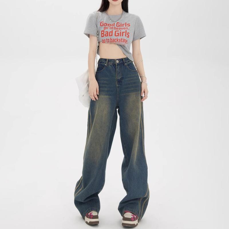 Zhanjie Ladies Clothing Blauwe Y2K Vintage Jeans Vrouwen Hoge Taille Streetwear Stijl Mode Zijstreep Ontwerp Wijde Pijpen Gestreepte Denim Broek Vrouwelijke L blauw