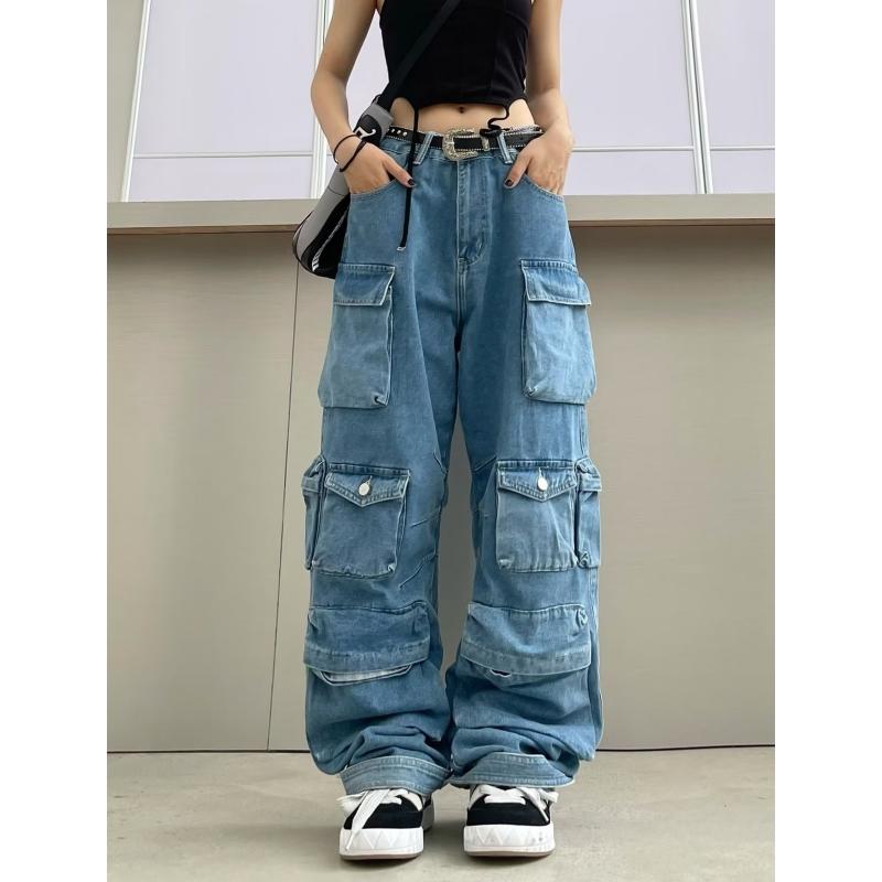 Fantastic wardrobe Multi-Pocket Blauw Gewassen Cargobroek Y2k Retro High Street Hoge Taille Jeans Paar Harajuku Casual Wijde Pijpen Broek XL