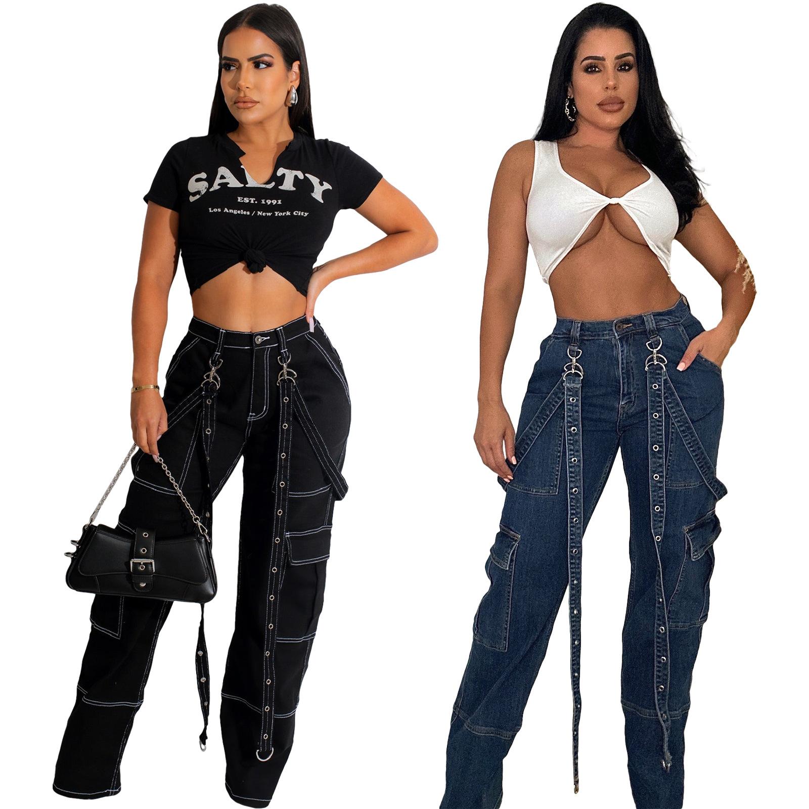 Omena Jeans met meerdere zakken, losse bandjes, dames XXL blauw