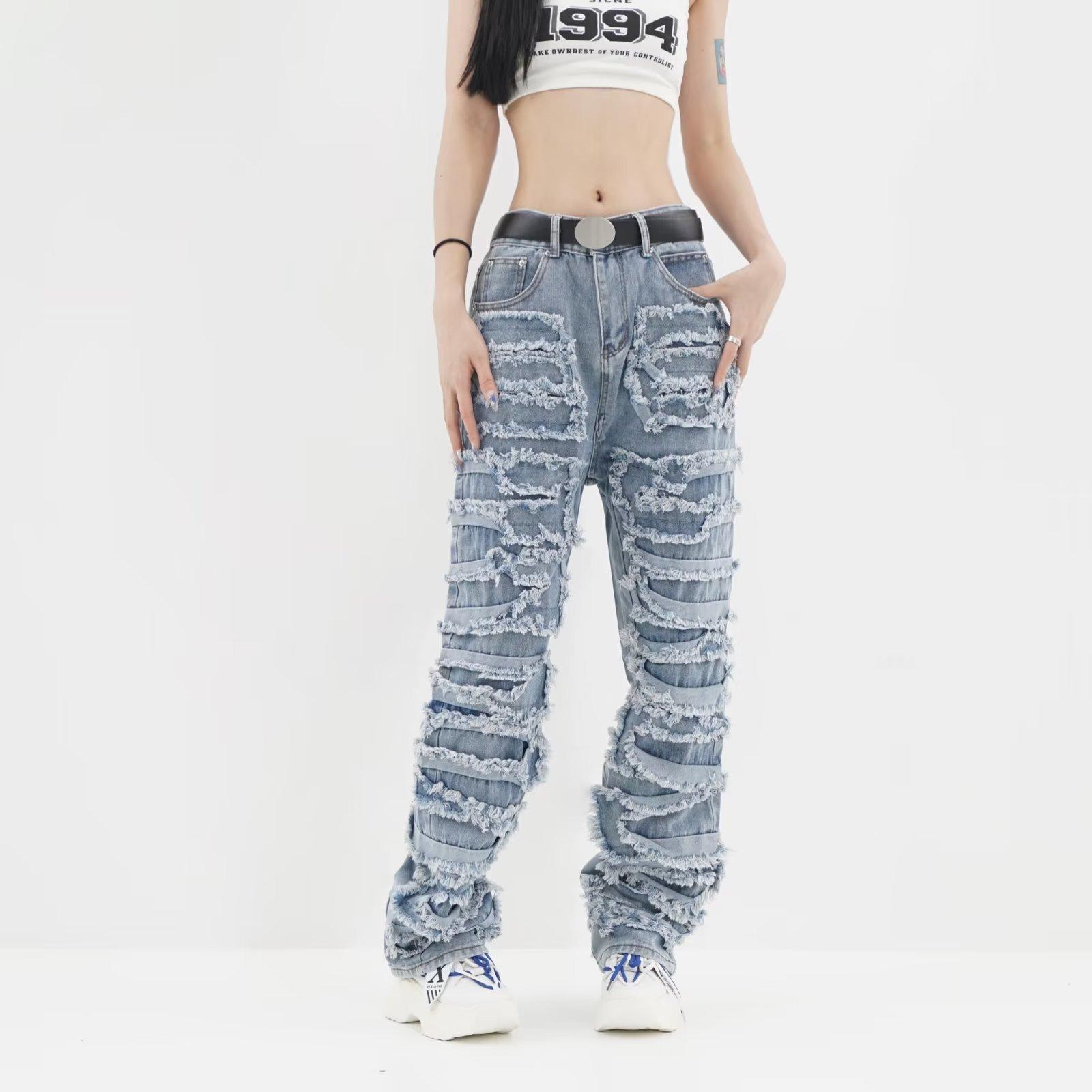 Omena 2023 Streetwear gestapelde jeans dameskleding 4XL blauw