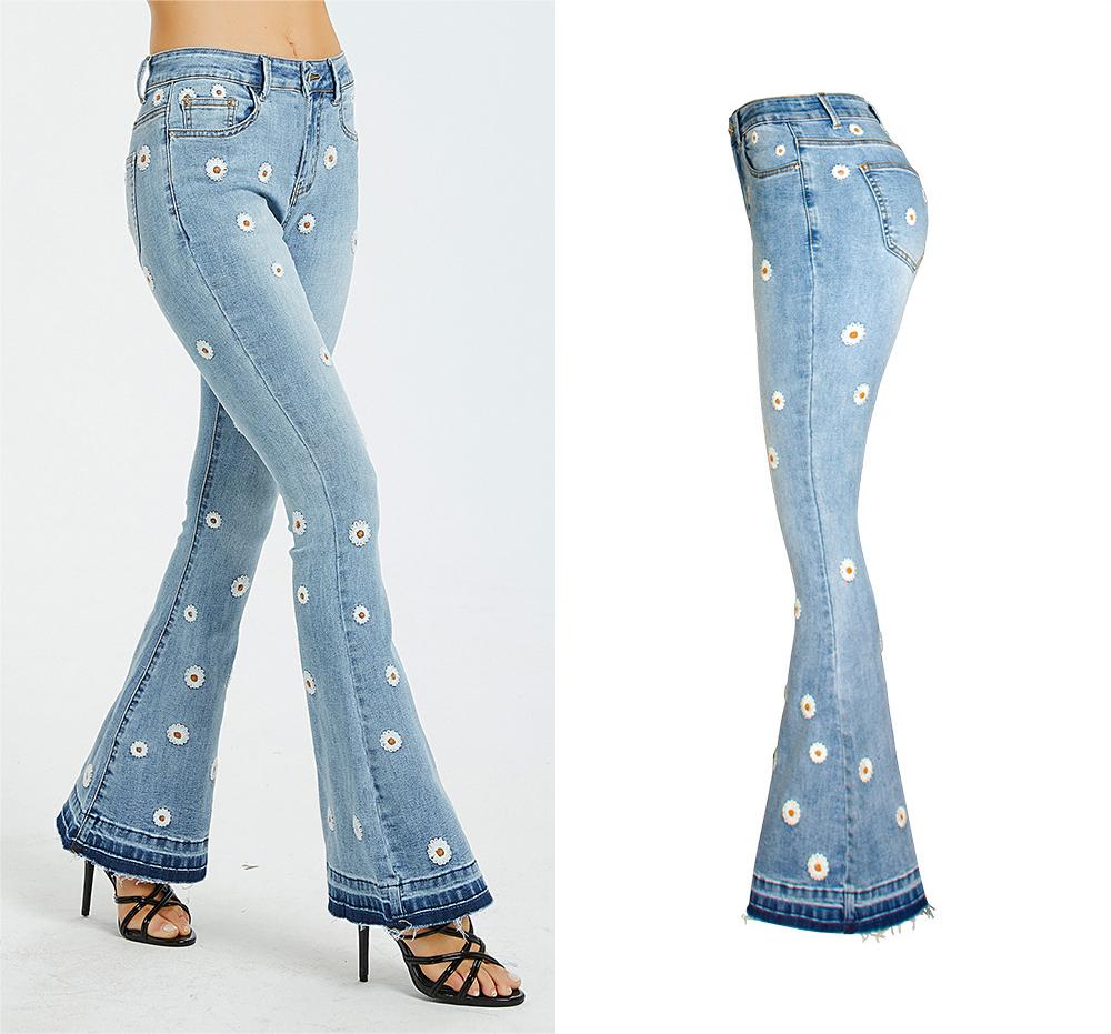Omena Elastische bloem geborduurde flare jeans 4XL blauw