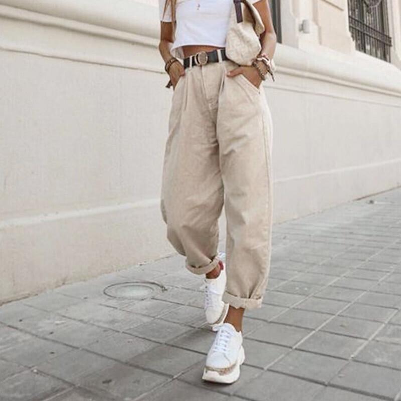 AB33XE Kaki vrouwelijke cargobroek hoge taille harem losse jeans plus size broek vrouw casual streetwear mama jeans M beige