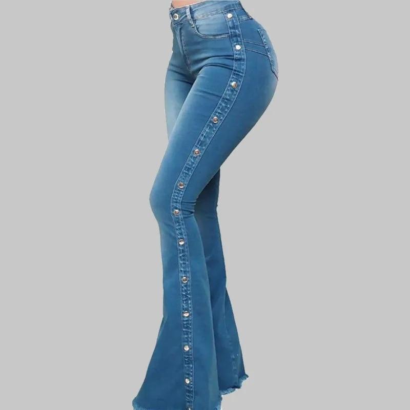 Best do it Casual hoge taille elastische vloer sleepbroek mode zak knop flare jeans 2023 geborduurde flares gebleekte broek 30300 XL blauw