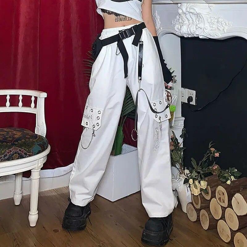 YUMI wardrobe Gothic Techwear Zwarte Cargo Broek Vrouwen Punk Keten Zakken Witte Wijde Pijpen Broek Vrouwelijke Harajuku Streetwear Mall Goth L wit