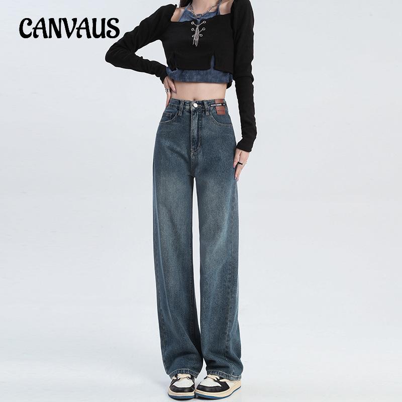 CANVAUS Lente en herfst damesjeans Losse rechte broek Hoge taille Broek met wijde pijpen Denim jeans 2XL blauw
