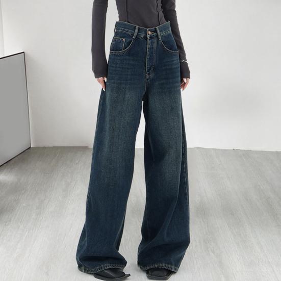 Fungogo Vrouwen Retro Jeans Hoge Taille Rechte Wijde Pijpen Lange Broek Zakken Donkere Kleur Oversized Denim Broek Streetwear S donkerblauwe kleur