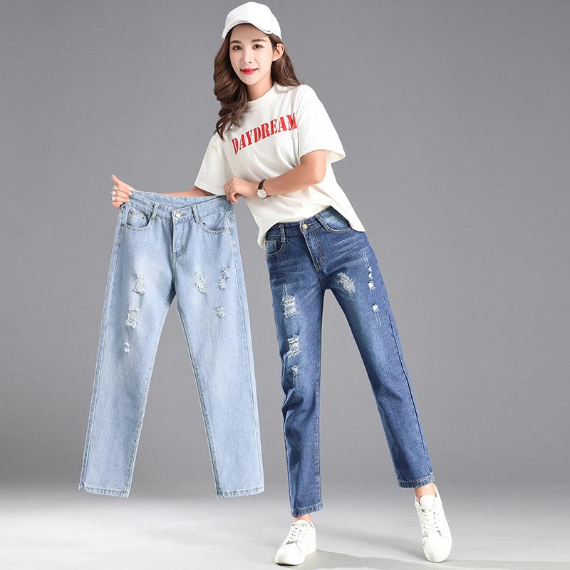 Zhuoneng Clothing Lente wijde pijpen jeans met gebroken gat Vrouwelijke negen kleine hoge taille rechte losse dunne ontwerp witte broek 32