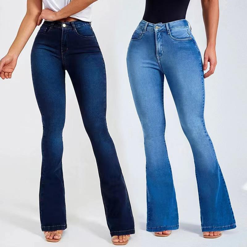 Hey23coming Lente Hoge taille Slanke Stretch Flare Jeans Damesmode Effen Hoge taille Slim Fit Sexy Elegante Kantoor-dame Elastische Broek met Zakken S donkerblauwe kleur