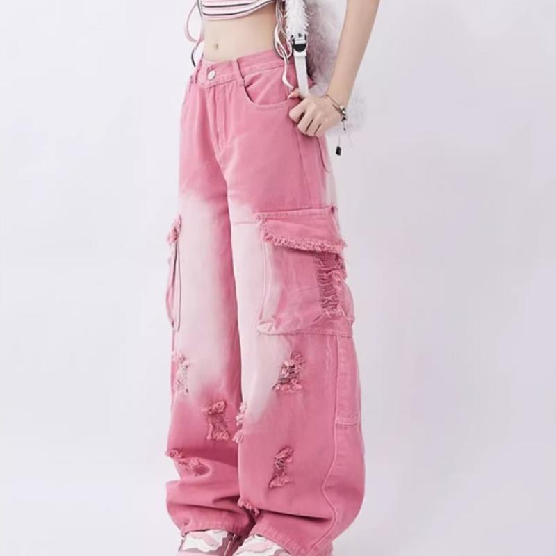 SpeakHero Lente/zomer hoge taille slanke broek met wijde pijpen Schattige roze jeans met rechte pijpen losse broek XL roze
