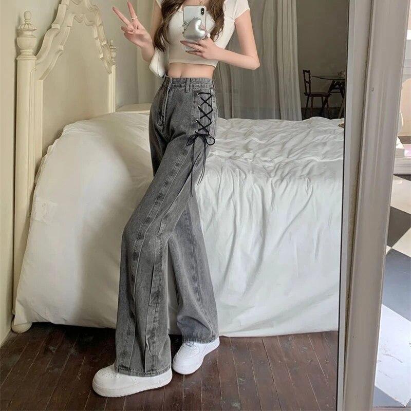 Diana Fashion Clothes Zwart Grijs Vintage Lace Up Design Jeans Vrouwen Elegante Hoge Taille Rechte Denim Broek Vrouwelijke Nieuwe Mode Casual Wijde Pijpen Broek 2XL grijs