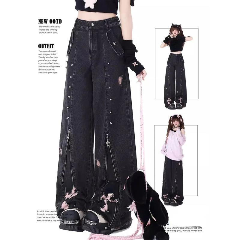 Exotic Vrouwen Zwarte Gothic Baggy Jeans Vintage Hoge Taille Cowboy Broek Harajuku Denim Broek Esthetische Y2k Emo Trashy 2000s Kleding XXL zwart