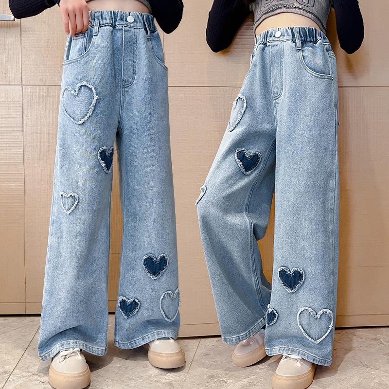 Mille Meisjesmode Casual Love Print Denim wijde pijpen broek 120 blauw