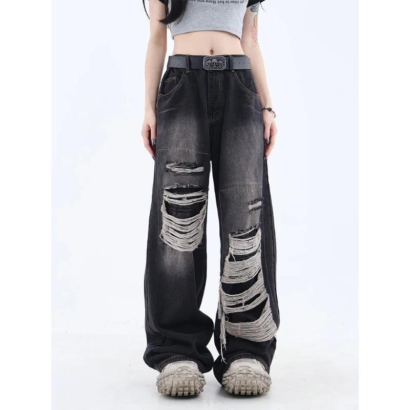 Exotic Dames gothic zwarte jeans hoge taille vintage Koreaanse mode Y2k streetwear gescheurde broek harajuku casual wijde pijpen denim broek XL blauw