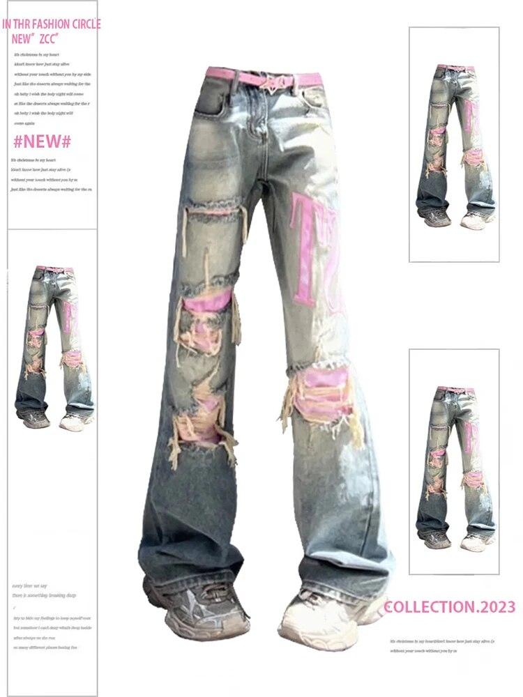 Maryyly Dames vintage blauwe gescheurde jeans baggy denim broek jaren 2000 hoge taille Koreaanse Y2k streetwear vrouwelijke punk wijde pijpen broek kleding XL blauw