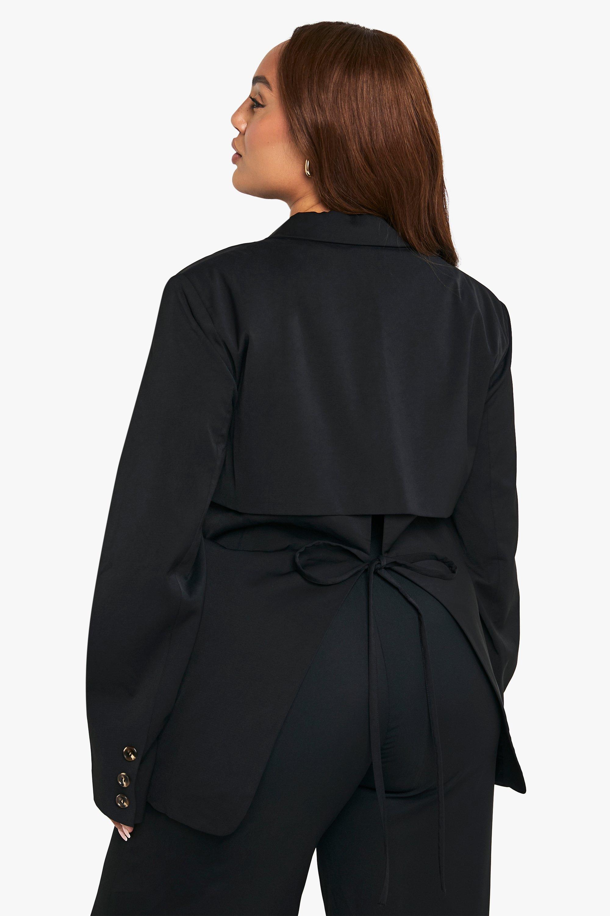 Boohoo Plus Tailored Open Back Tie Detail Blazer, Black