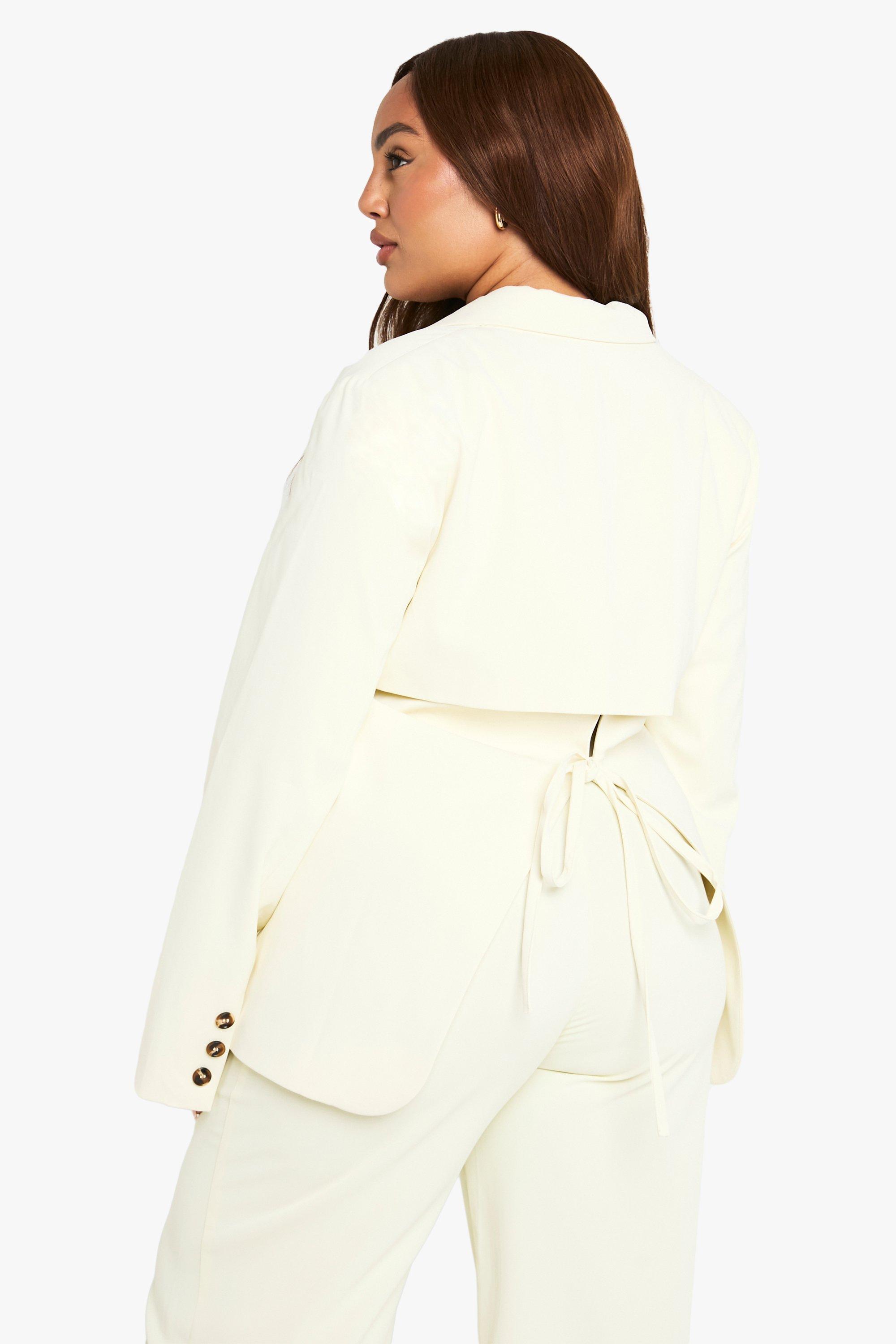 Boohoo Plus Tailored Open Back Tie Detail Blazer, Buttermilk