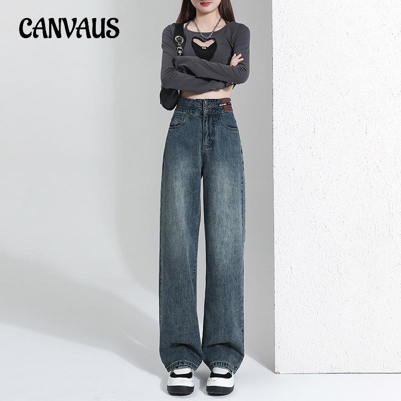 CANVAUS Retro tijstijl hoge taille wijde pijpen broekjeans dames losse rechte jeans 2XL blauw-grijze kleur
