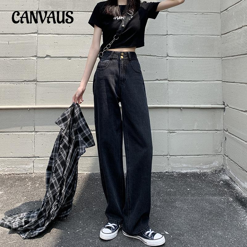 CANVAUS Jeans met hoge taille en wijde pijpen voor dames, losse slepende broek met rechte benen, lange broek 2XL zwart