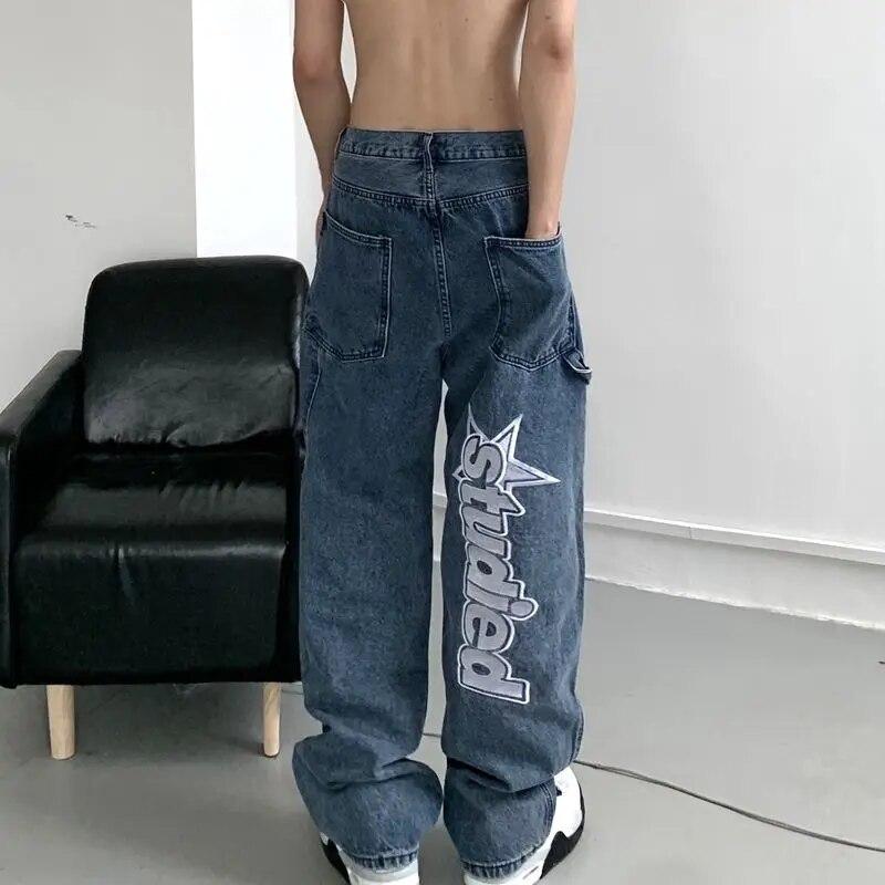 YUMI wardrobe Y2K Vrouwen Koreaanse Mode Streetwear Casual Brief Print Rechte Wijde Pijpen Broek Baggy Denim Broek Mannen Laagbouw Jeans Kleding XXXL zwart