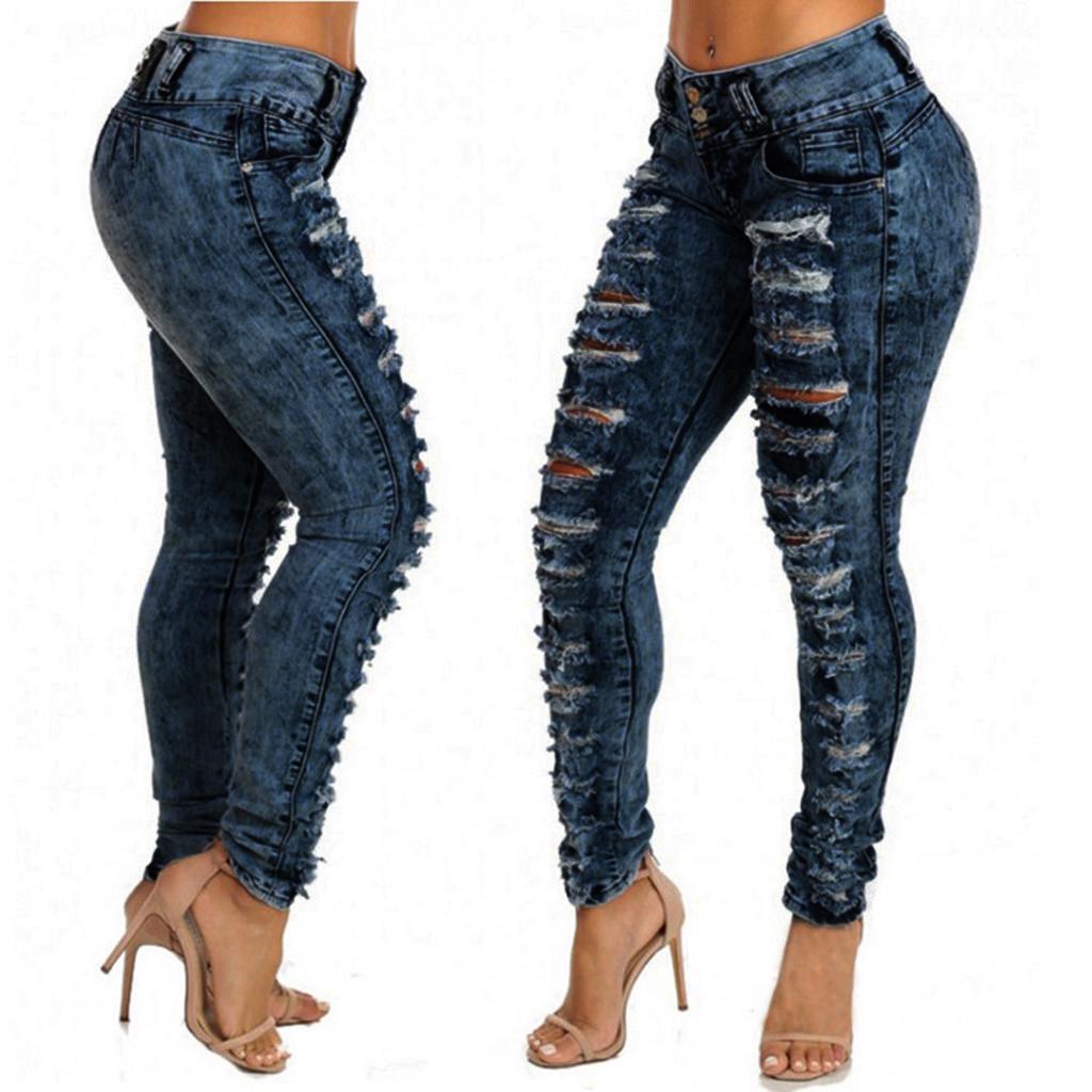 Xingben Two Mode Dames Casual Skinny Jeans Gat Denim Vrouwelijke Mid Taille Stretch Broek M blauw