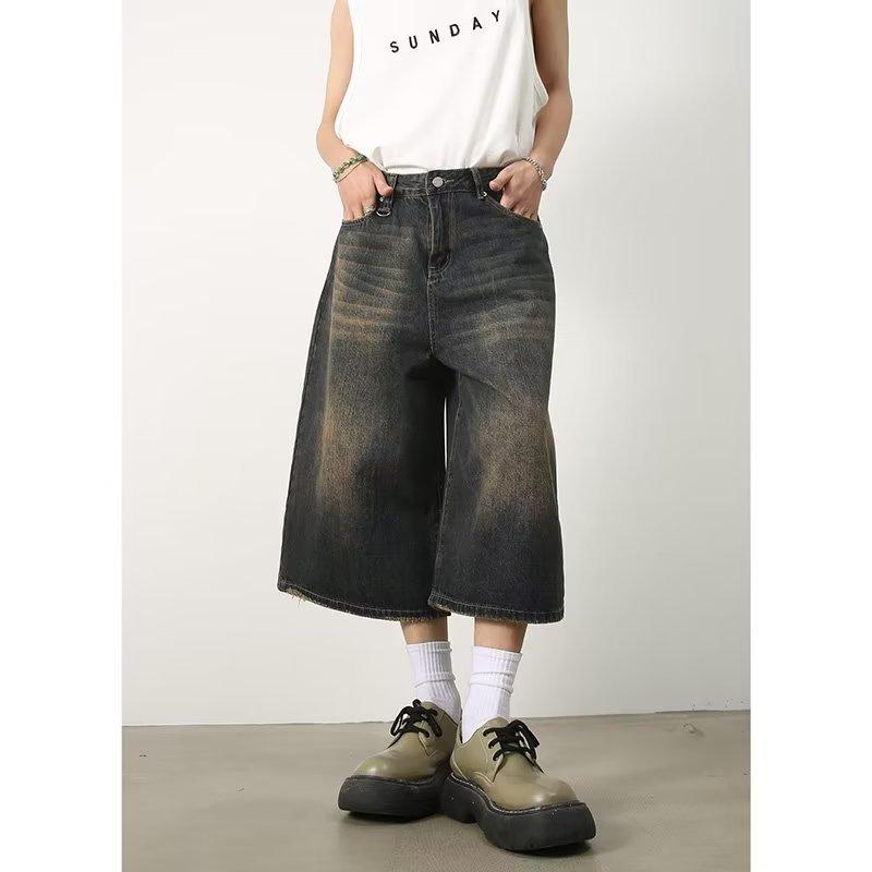 LAOHU Lente Zomer Retro Y2k Baggy Jorts Dames Heren Lage Taille Cropped Jeans Acubi Distressed Frayed Denim Casual Wijde Broeken Mode XS grijs