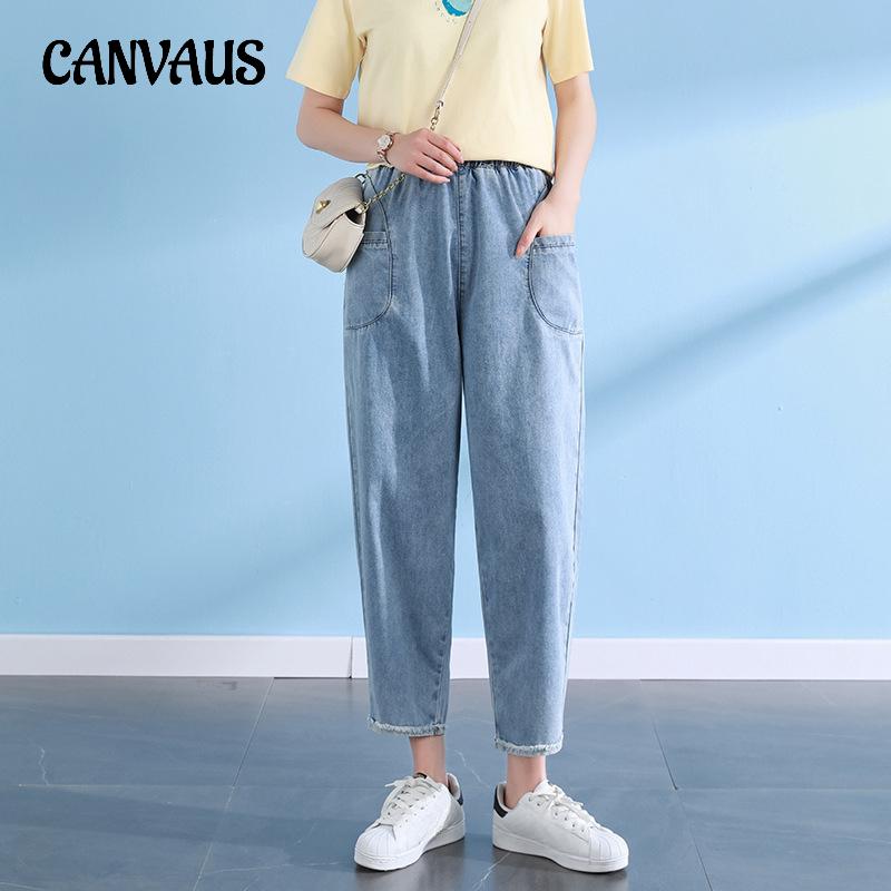 CANVAUS Plus Size Dames Jeans Brede Raw Edge Gewassen Casual Harlem Broek 4XL blauw