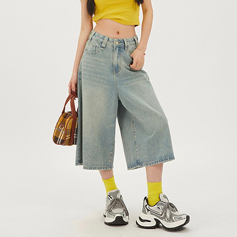 Twelve Month 2024 Y2k Retro Dames Lage Taille Wash Cropped Baggy Jeans Wijde Pijpen Gerafelde Denim Korte Broek Plus Size XS blauw