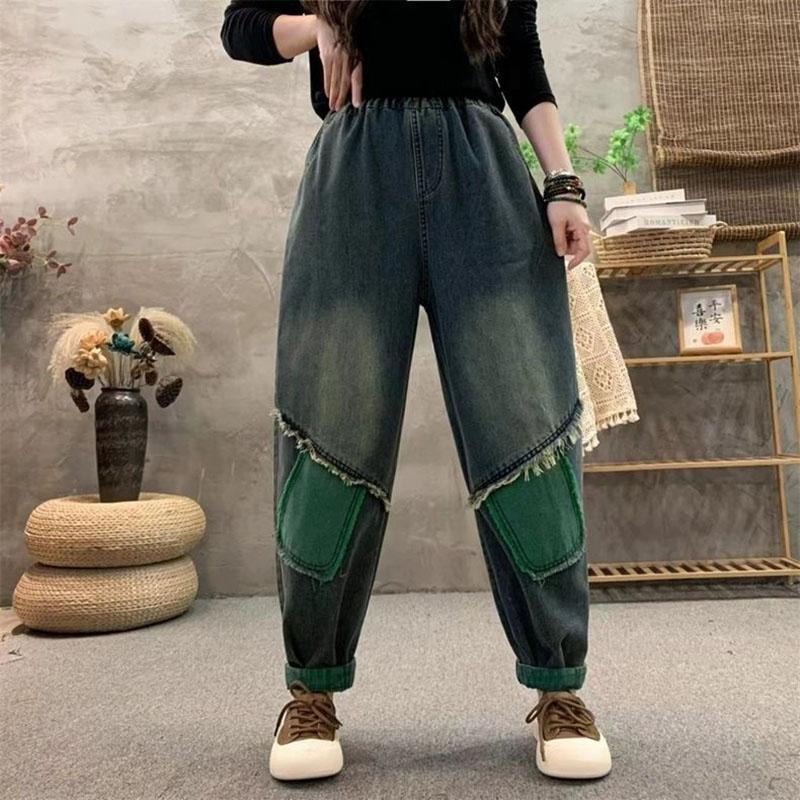 Colorful Supply Patchwork losse jeansbroek vrouwelijke herfst hoge taille denim broek vintage zak dames harembroek M zwart