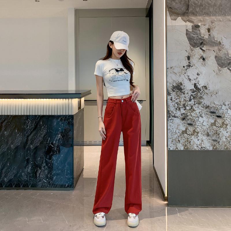 Transmission Gate Hoge taille wijde pijp jeans dames losse rechte effen kleur denim broek Koreaanse streetwear broek XXL kaki