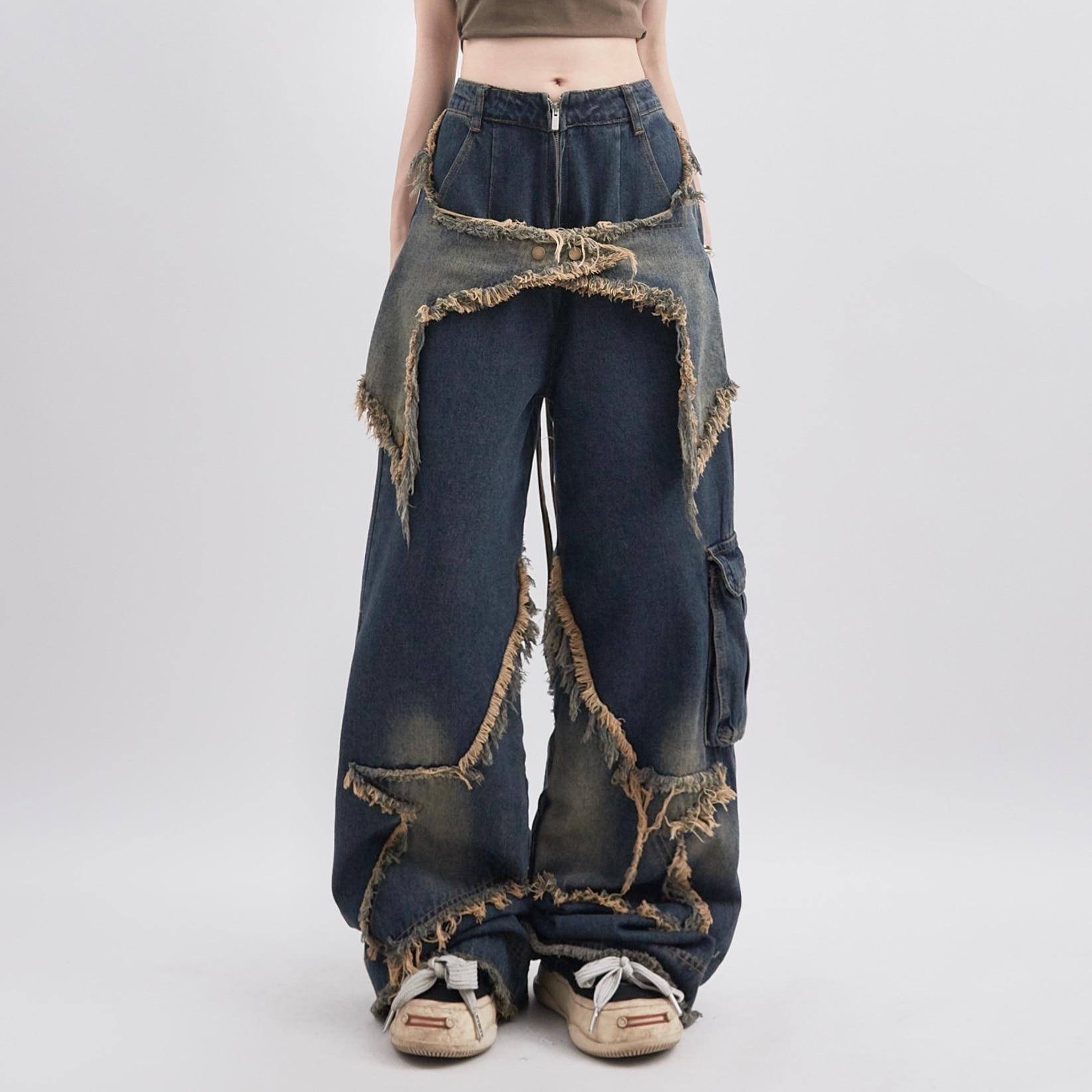 RUOK Retro Y2K Vintage Dames Denim Jeans Koreaanse Streetwear Oversize Ster Blauwe Esthetische Rechte Broek Wijde Pijpen Jeans Grunge Broeken Kleding Mode M blauw