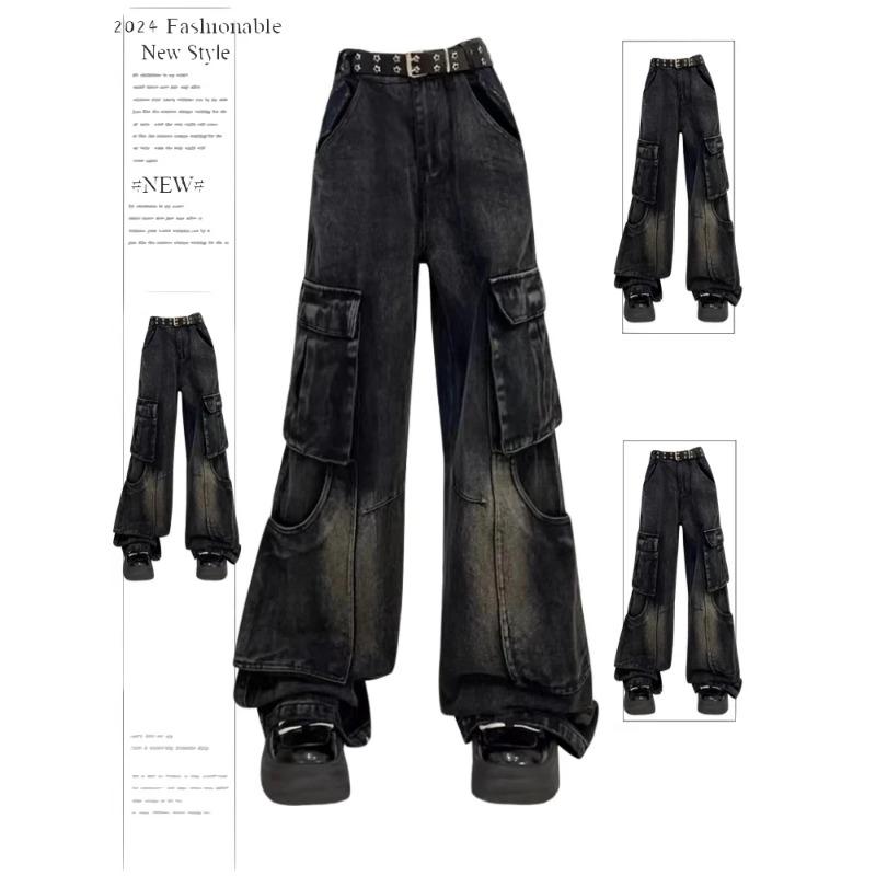 Exotic Vrouwen Zwarte Gothic Cargo Jeans Vintage Koreaanse 90s Esthetische Y2k Denim Broek Harajuku Hoge Taille Cowboy Broek 2000s Kleding M zwart