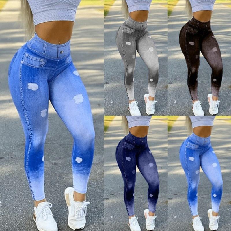 LOULOUAVO Vrouwen Naadloze Faux Denim Jeans Leggings Dames Hoge Taille Sport Yoga Broek Pantalones De Mujer S lichtblauwe kleur