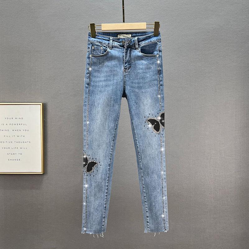 Delicate-Y Lente/Zomer Vintage Hoge Taille Veelzijdige Loose Iron Diamond Slim Jeans L blauw
