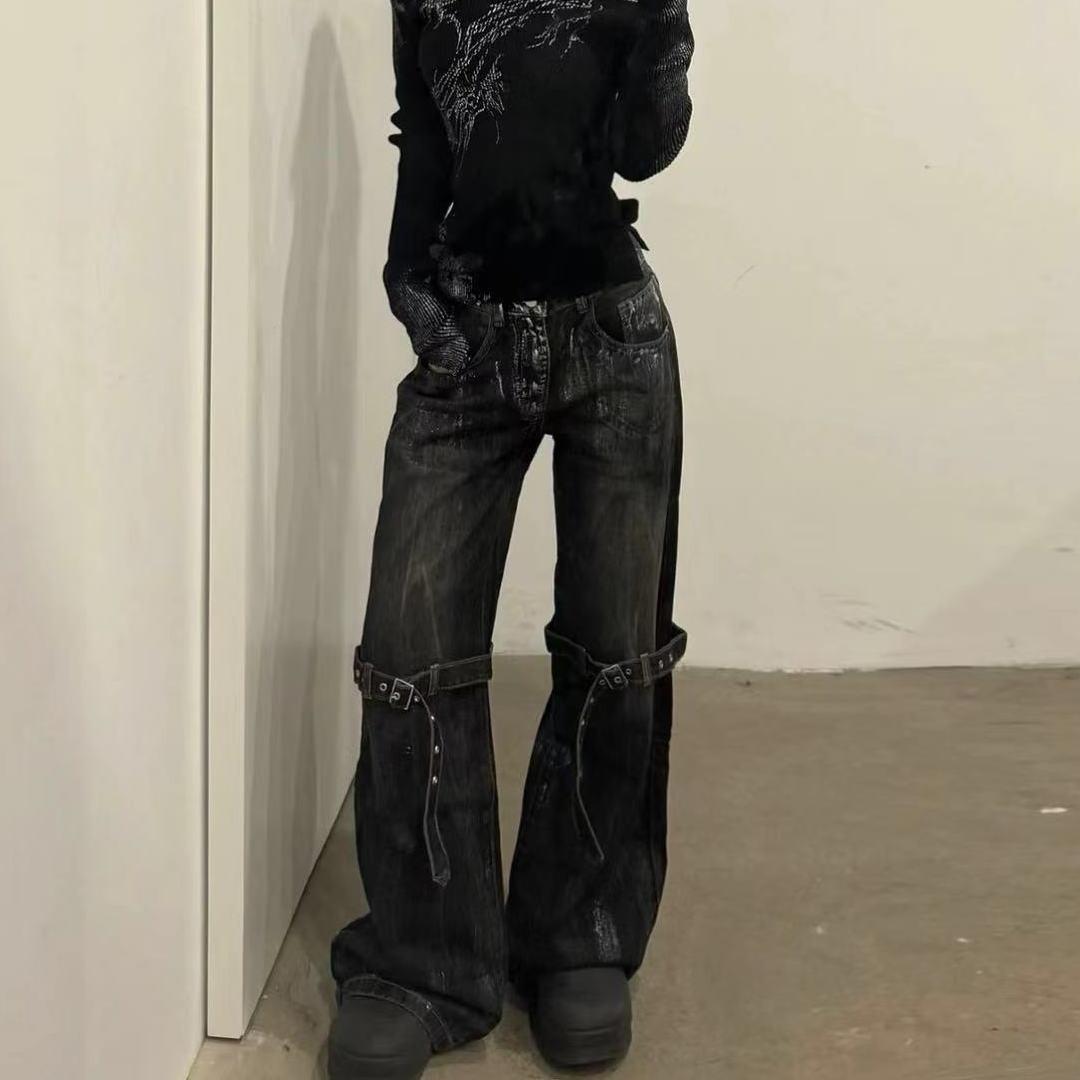 YUMI wardrobe Zwarte dames jeans hoge taille hip hop rechte mode broek streetwear harajuku Y2K ster 2024 vrouwelijke wijde pijp denim broek M zwart