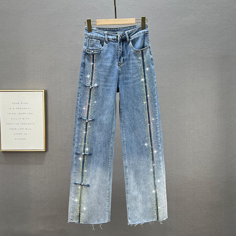 Landon Strass Jeans Dames Wijde Broek Lente Hoge Taille Losse en Afslankende Mop Broek Modieuze Broeken 29 blauw