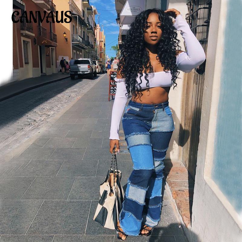 CANVAUS Herfstmode Clashing Colour Patchwork Hoge Taille Strakke Heup Flare Dames Plus Size Denim Jeans 3XL donkerblauwe kleur