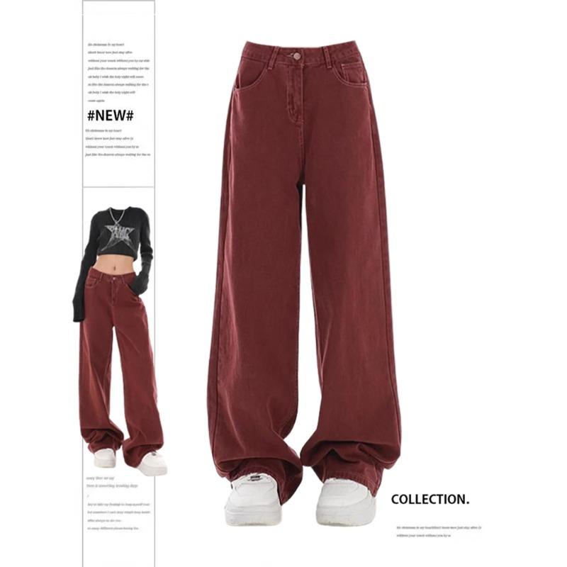 Alice Fashion Comprehensive Vrouwen Rode Jeans Harajuku Vintage 2000s Y2k Baggy Denim Broek Harajuku Oversize Wijde Cowboy Broek 90s Trashy Punk Kleding 2024 L rood