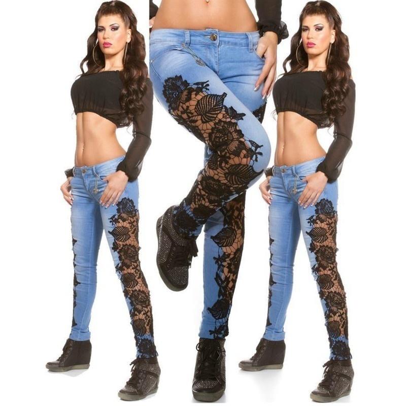 JM ZH Grote maat sexy kanten holle kanten jeans voor dames M zwart