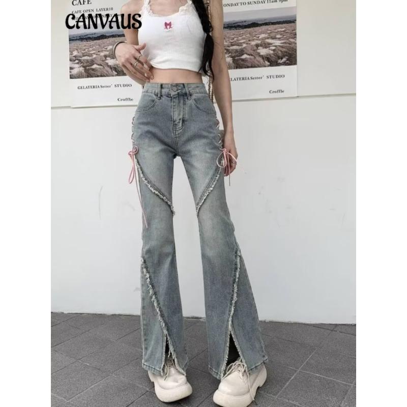 CANVAUS Damesjeans Lente en zomer Retro Hot Girl onregelmatige split micro flare lange broek 2XL