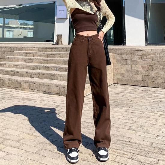 MAITA Clothscenery Bruine jeans dames hoge taille baggy rechte wijde broek casual denim broek vintage Y2k Claothes streetwear plus size dameskleding XL bruin