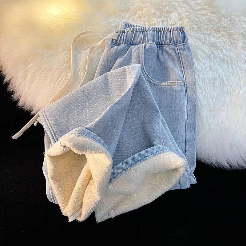 WQJ17EP Dikke warme fluwelen gevoerde wijde pijpen jeans mode hoge taille wassen nieuwe vaqueros herfst winter klassieke sneeuwkleding dames denim broek S zwart