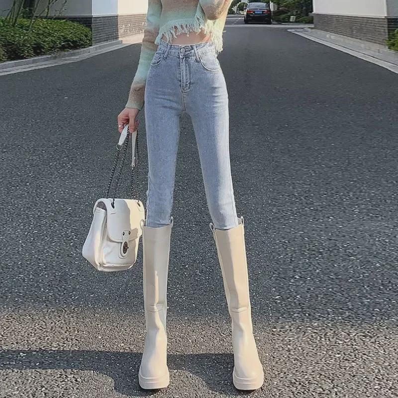 VantaGoods Dames High-Waist Stretch Jeans - Koreaanse Lente Stijl, Afslankend, Veelzijdig, Negen Punten Potlood Pasvorm 31 blauw/grijze kleur
