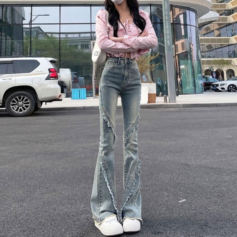 VantaGoods Dames Amerikaanse stijl hoge taille elastische flared jeans, slim fit, kleine maat, nostalgische stiksels, ruwe rand, kwastje hoefijzerontwerp Small