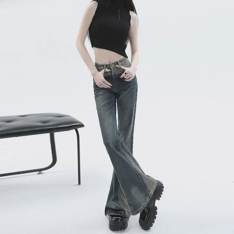 VantaGoods Retro flared jeans met hoge taille voor dames - Vintage contrasterende stiksels, slim fit, tot op de grond, perfect voor de lente en herfst. Double Extra Large