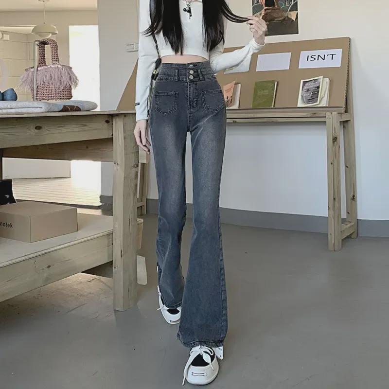 VantaGoods Zwarte en grijze high-waisted flared jeans voor dames voor herfst/winter Medium zwart/grijze kleur