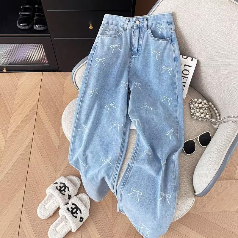 VantaGoods Dames High-Waist Slim Straight Jeans met vlinderprint - Zoete en pittige zomerstijl M lichtblauwe kleur